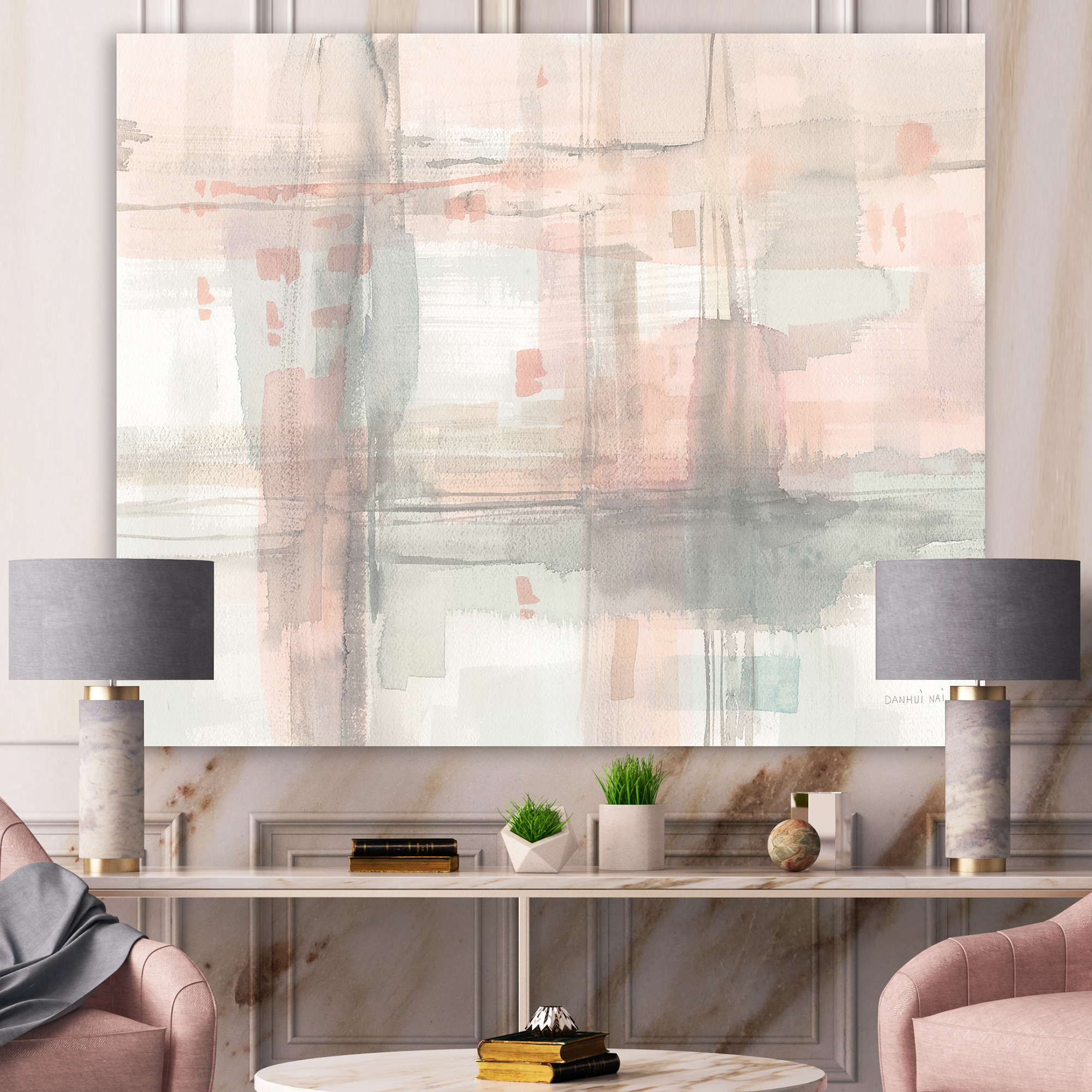 Designart 'Intersect II Grey' Pink Modern Premium Canvas Wall Art