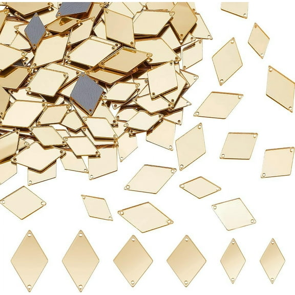 PH 300pcs 3 Sizes Sew on Mirrors Golden Rhombus Acrylic DIY Mirrored Rhinestones Mirror Piece Loose Bead Links with 2 Holes for Costume Dance Party Evening Dress Bags Cloth Garment 17~23mm