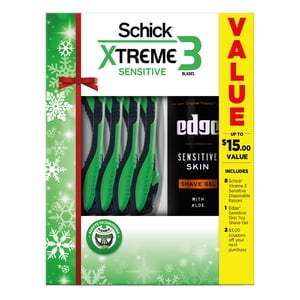 Image of Schick Xtreme 3-Blade Disposable Razor Men s Gift Set  Includes 8 Men s Razors & 1 Edge Shave Gel