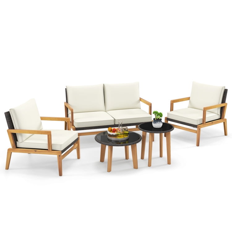 Aimee Lii 5 Pieces Rattan Furniture Set Wicker Woven Sofa Set with 2 Glass Coffee Tables, Outdoor Patio Set, Off White Aimee Lii 5 Pieces Rattan Furniture Set Wicker Woven Sofa Set with 2 Glass Coffee Tables, Outdoor Patio Set, Off White