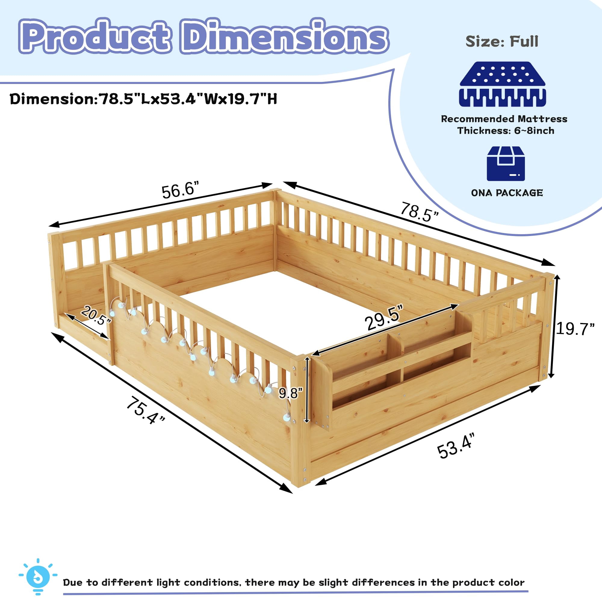 Mirightone Full Size Montessori Floor Bed LED Illuminated Safe Low Profile with Storage, Safe & Wider Opening Gate Design, Natural