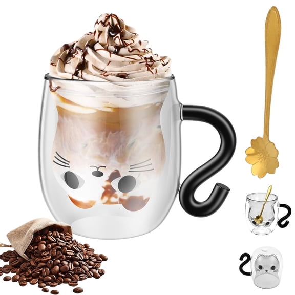 Cat Mugs Double Wall Glass Cute Coffee Tea Cup 8.45 oz (250ml) and Flower-Shaped Spoon for Graduation Valentines Mothers Day Easter Halloween Christmas Gifts Birthday Present Idea