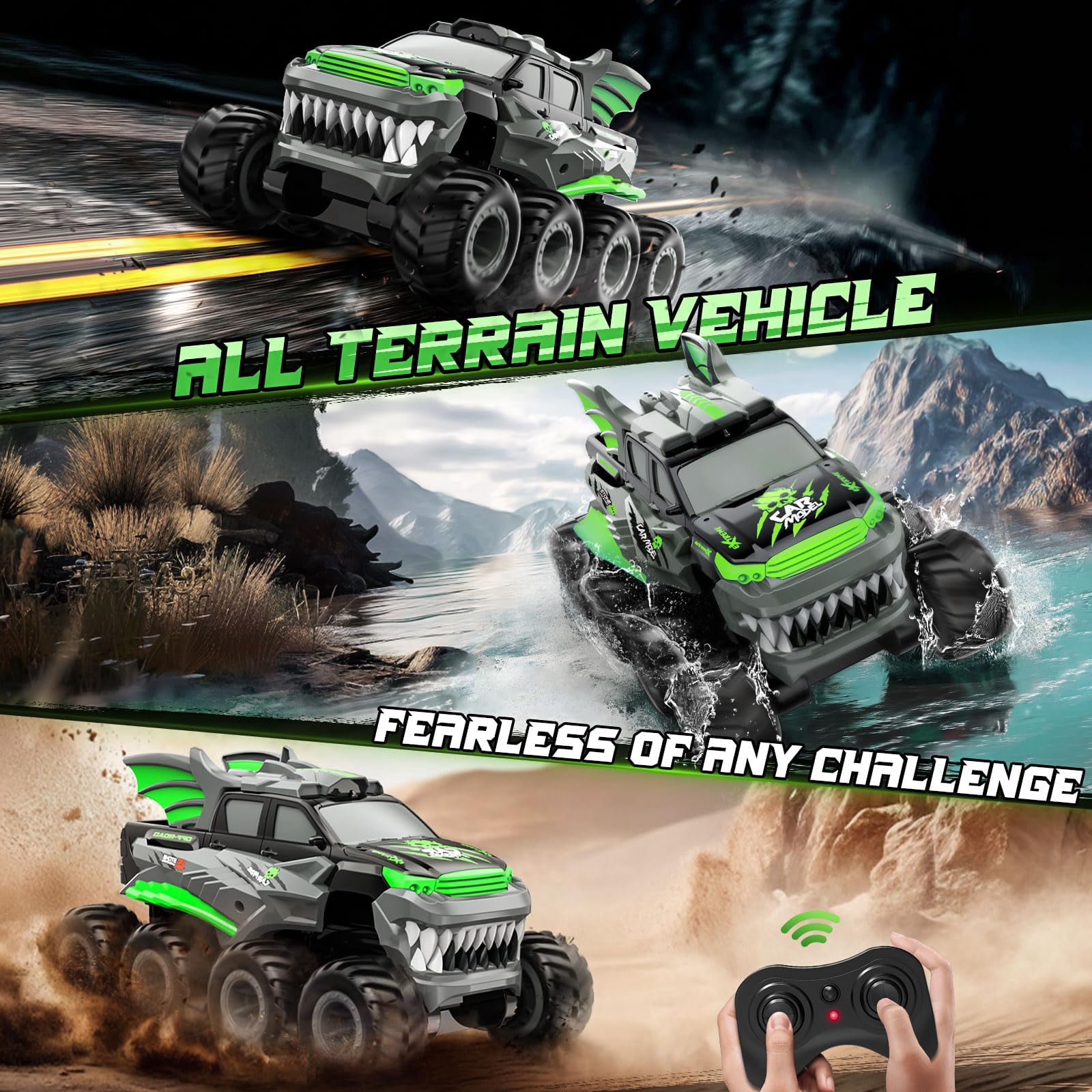 Amphibious Remote Control Car 8WD RC Monster Truck with 2 Rechargeable Batteries for Boys Age 8-12 Offroad Waterproof RC Pickup All Terrain RC Drift Cars Beach Pool Toys Gifts for Kids