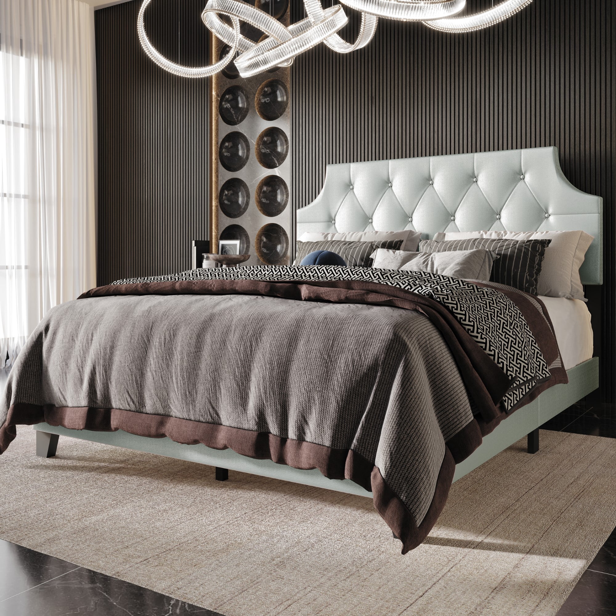 Home Design Mexico Twin Tufted Upholstered Platform Bed with Scooped Headboard and Padded Surface, Silver, Easy Assembly