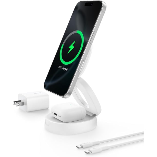 MagSafe - Cargador coatible con tación de carga inalámbrica Qi2 2 en 1 de 15 W, cargador convertible para iPhone 17, Apple Watch, AirPods, Pixel 10, soporte de teléfono portátil para viaj