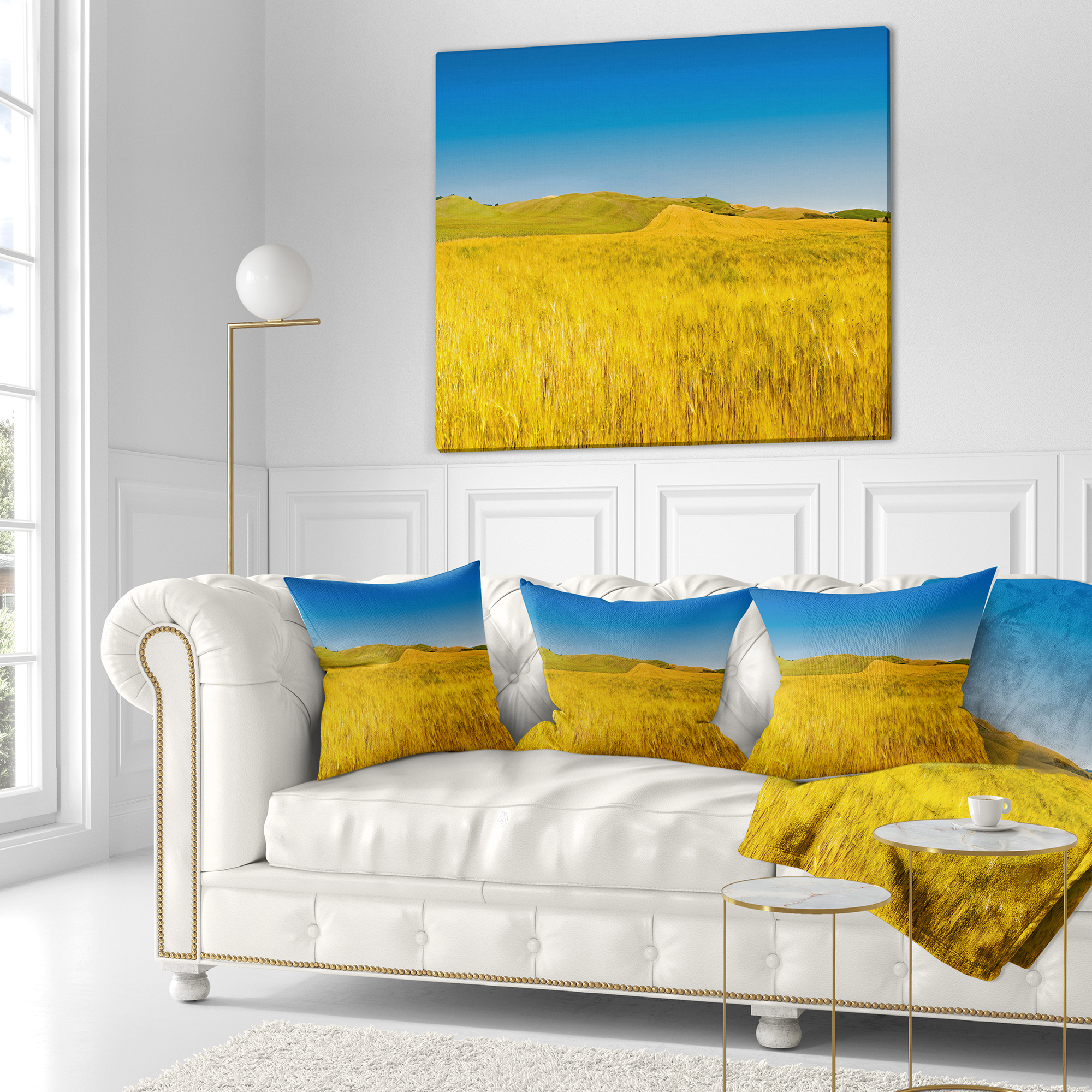 Designart Tuscany Whet Field on Sunny Day - Landscape Printed Throw Pillow - 18x18