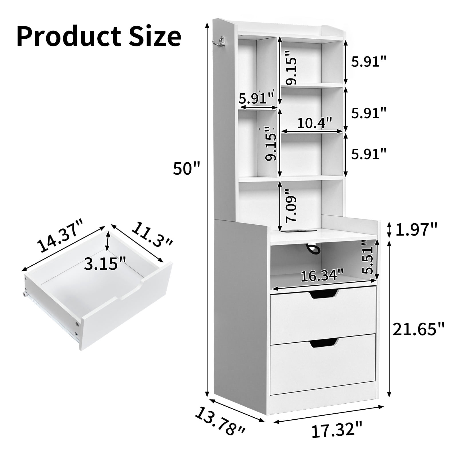 White Nightstand with Charging Station, 2 Drawers and 7 Shelves, 17.32 x 13.78 x 50 in