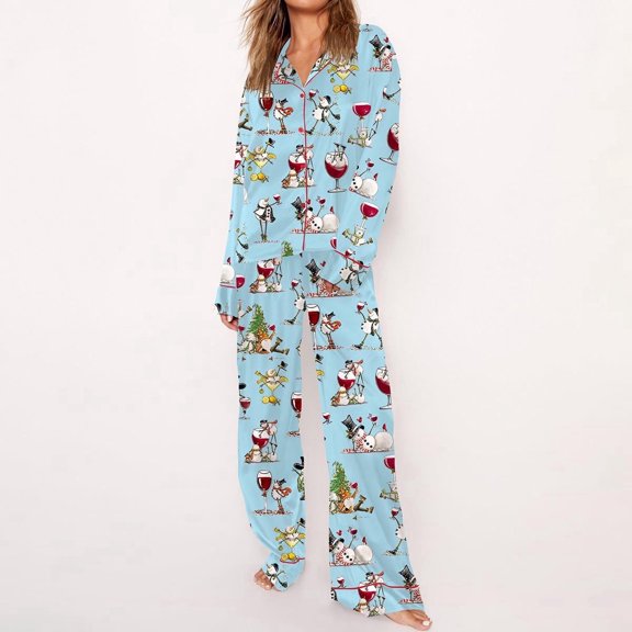 SheShow Winey Snowman Silky Casual Long Sleeve Pajama Set for Women, Sky Blue, M