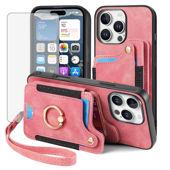 Asuwish Phone Case for iPhone 16 Pro 6.3 inch Wallet Cell Cover with Tempered Glass Screen Protector Slim Lanyard Wrist Strap RFID Ring Stand Credit Card Holder Slot i Phone16 i16Pro Women Men Pink