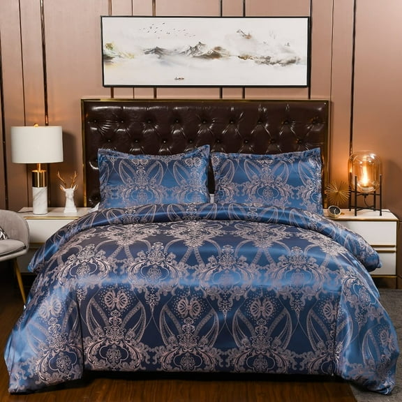 Three-Piece Bedding Set | Blue Luxury Jacquard Pattern Print (1 Duvet Cover   2 Pillowcases), Machine Washable, Queen/King Size, Hidden Zipper for Easy Care