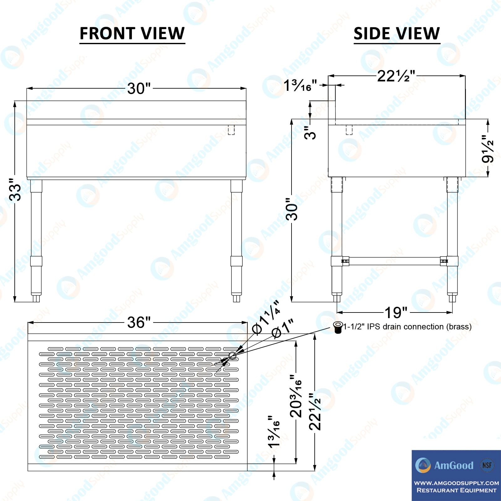 AmGood Underbar Stainless Steel Drainboard 22-1/2 in. x 36 in. x 30 in. H with 3 in. Backsplash