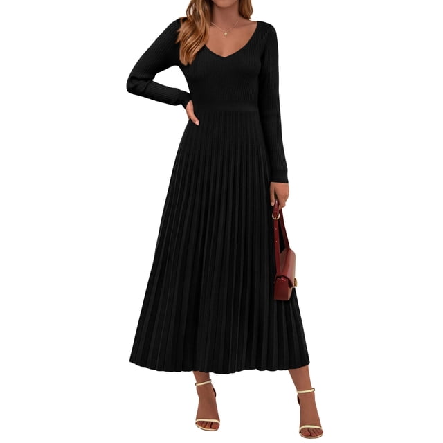 Vestido Maxi de Mujer PRETTYGARDEN de Punto Acanalado con Escote en V Negro XXL