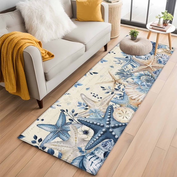 Blue Starfish Coastal 2'x6' Runner Rugs for Hallway Kitchen Bedside Non Slip, Eucalyptus Summer Nautical Shell Retro Entryway Rug Runners with Rubber Backing, Long Carpet Runner for Laundry Room