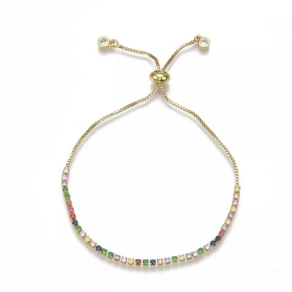 Adjustable Brass Cubic Zirconia Slider Bracelet Bolo Bracelet Gold 9.4" P288