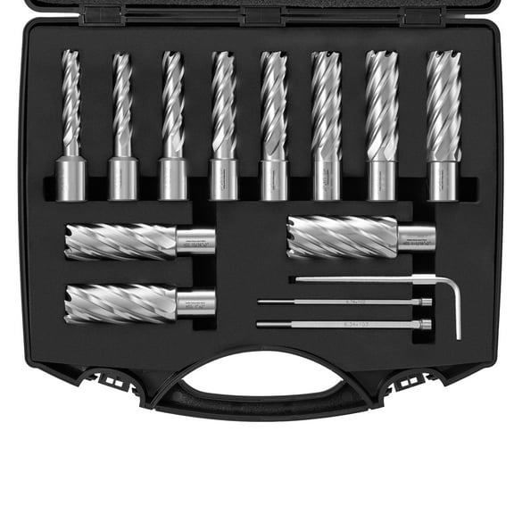 VEVOR Annular Cutter Set 13 Pcs, Cutting Depth 2" Cutting Diameter 7/16" to 1-1/16" Inch, with 2 Pilot Pins, Hex Wrench, Portable Case and M2AL HSS for Using with Magnetic Dr