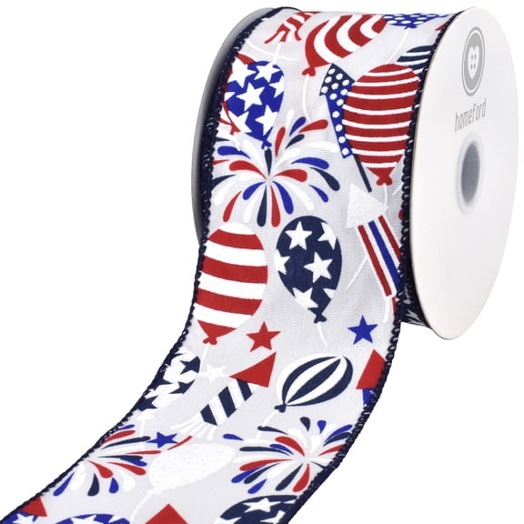 Homeford Patriotic Fireworks Balloons Celebration Wired Ribbon, 2-1/2-inch, Red/White/Blue, 10-yard