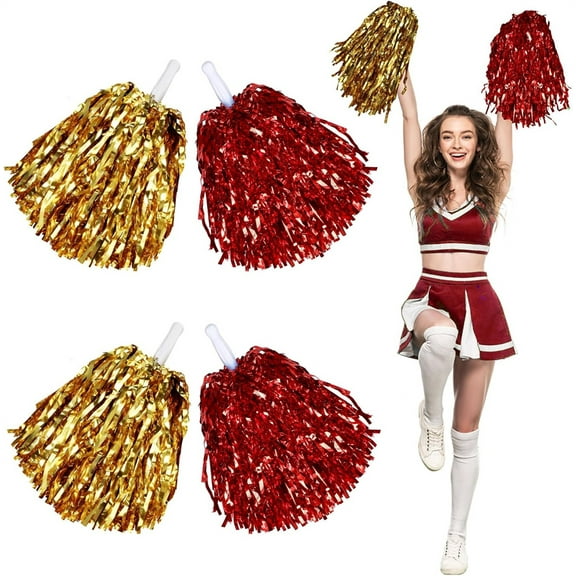 NOGIS 4 Pcs Cheerleading Pom Poms Bulk Cheer Pom Poms Sets Metallic Foil Fun Spirited Cheer with Plastic Handles, Cheerleader Pom Poms for Kids Adults Sports Match Cheering Squad (Red, Gold)