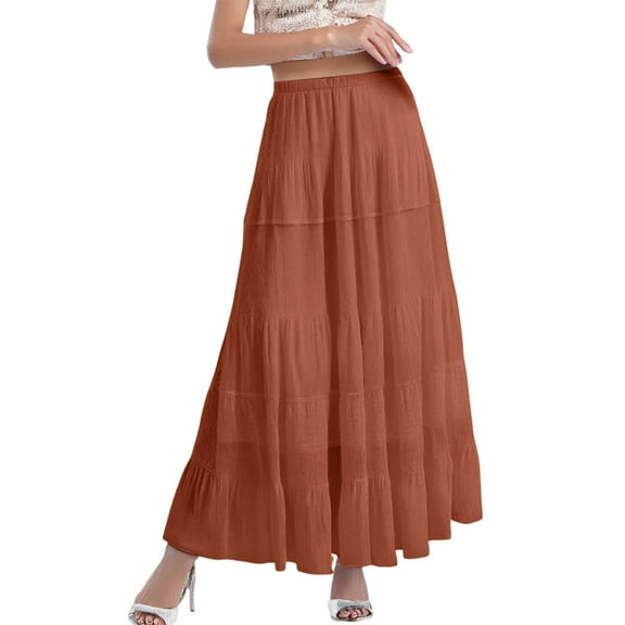 CAIVO Women Chiffon White Flowy Maxi Skirts Boho Summer Elastic Waisted Pleated A-Line Long Skirt For Women Solid Color Boho Dailywear