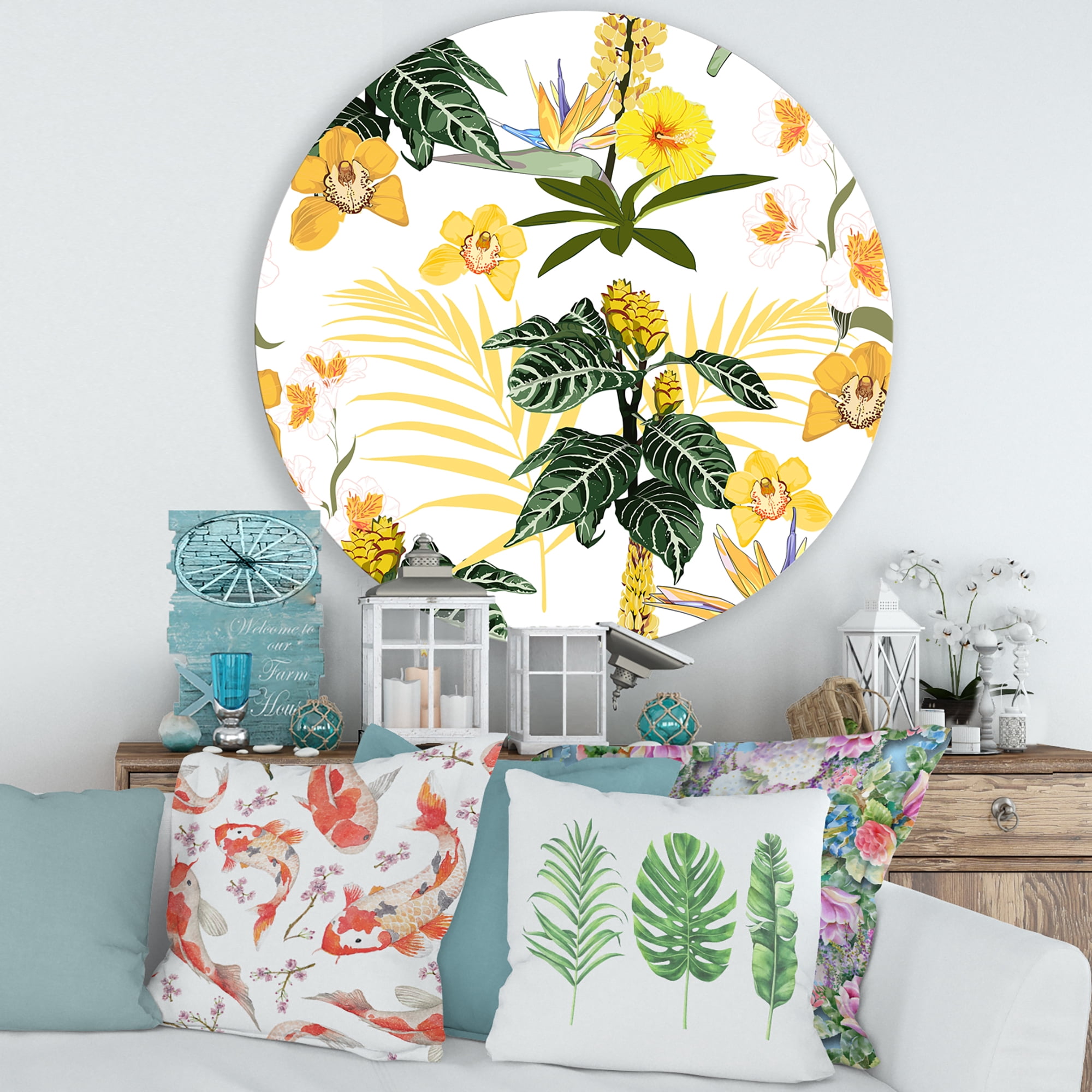 Designart 'Pattern Of Beautiful Yellow Flowers ' Modern Circle Metal Wall Art 36x36 - Disc of 36