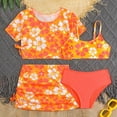 thumbnail image 2 of kpoplk 3 Piece Girls Swimsuit Allover Print Bikini Set and Coordinating Solid Color Cover Up Beach Skirt for 6-14 Years(Orange,8-9 Y), 2 of 6