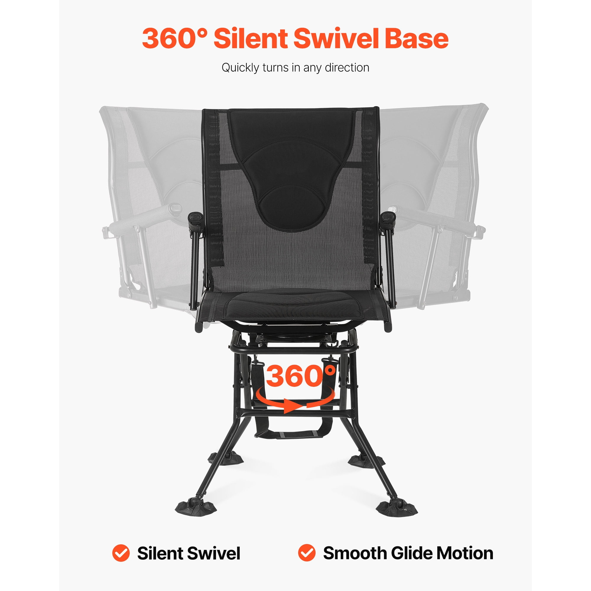KFFKFF Hunting Chair with 360° Quiet Swivel, Foldable and Portable Blind Seat, Durable Steel Frame Ground Stool with Armrests, Adjustable Carry Strap, Anti-Sink Feet, 300 Lbs Weight Capacity