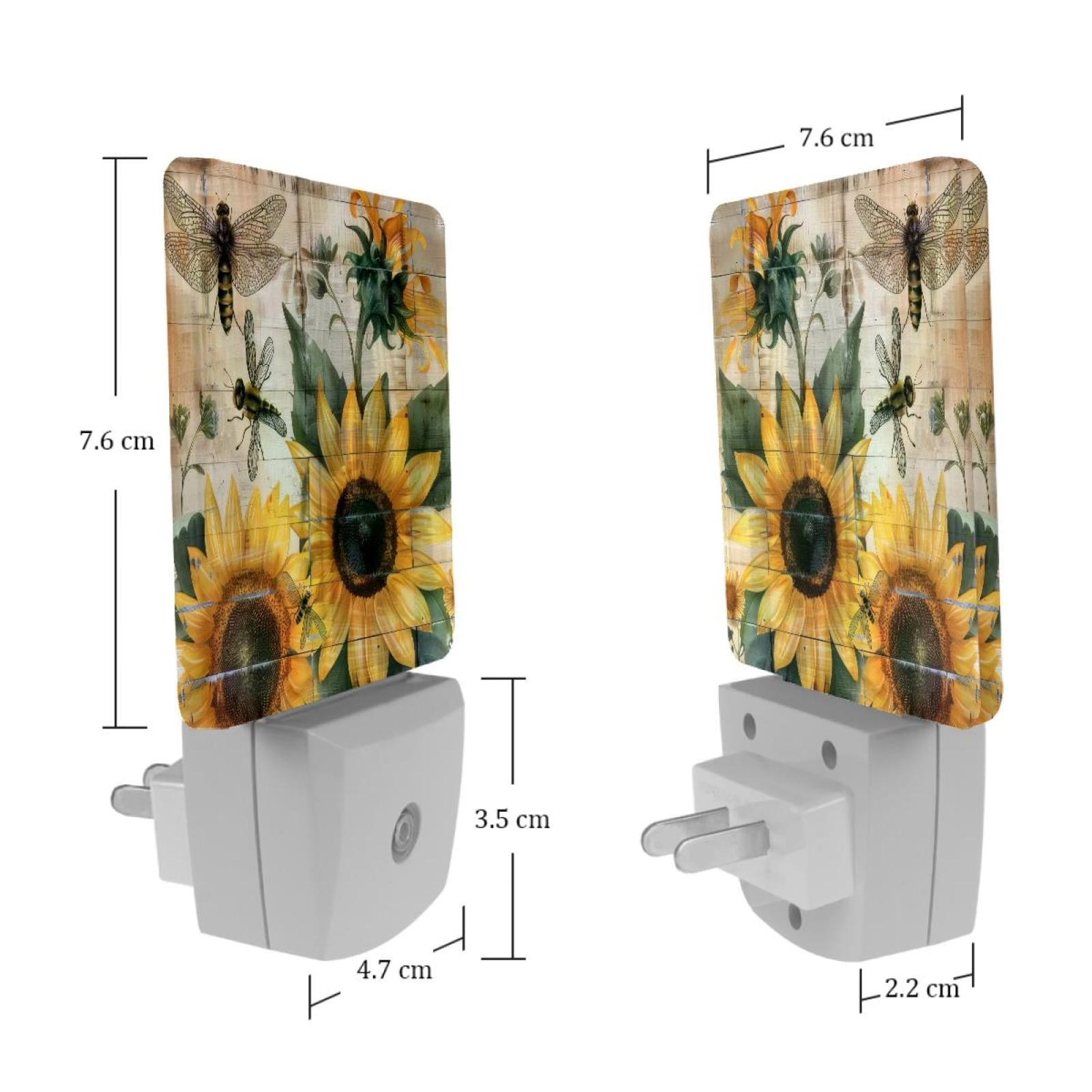 PhooArto Sunflower Bee on Rustic Wooden Plug in LED Night Light Auto Sensor Dusk to Dawn Decorative Night for Bedroom, Bathroom, Kitchen, Hallway, Stairs, Baby's Room, Energy Saving