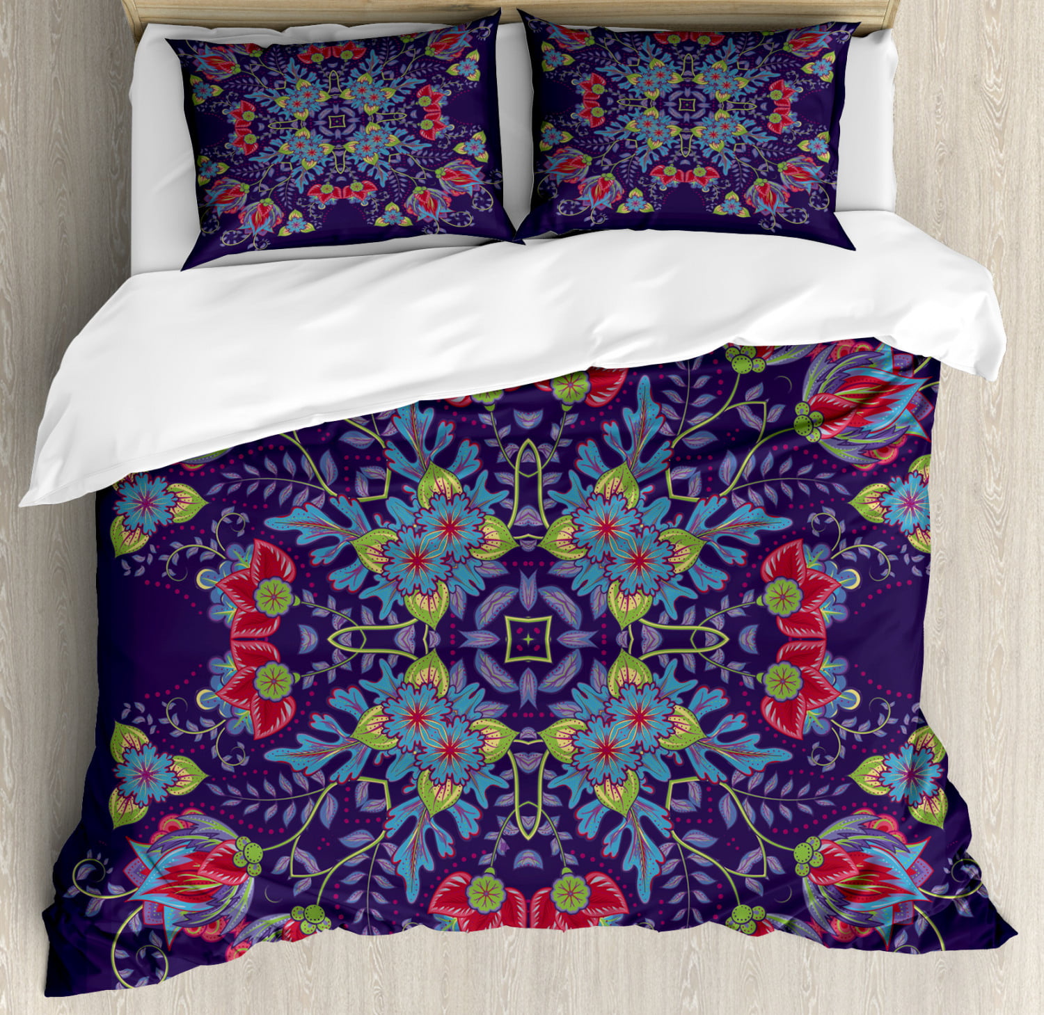 Red Mandala Quilted Bedspread & Pillow Shams Set Xmas Flora Ornament Print 