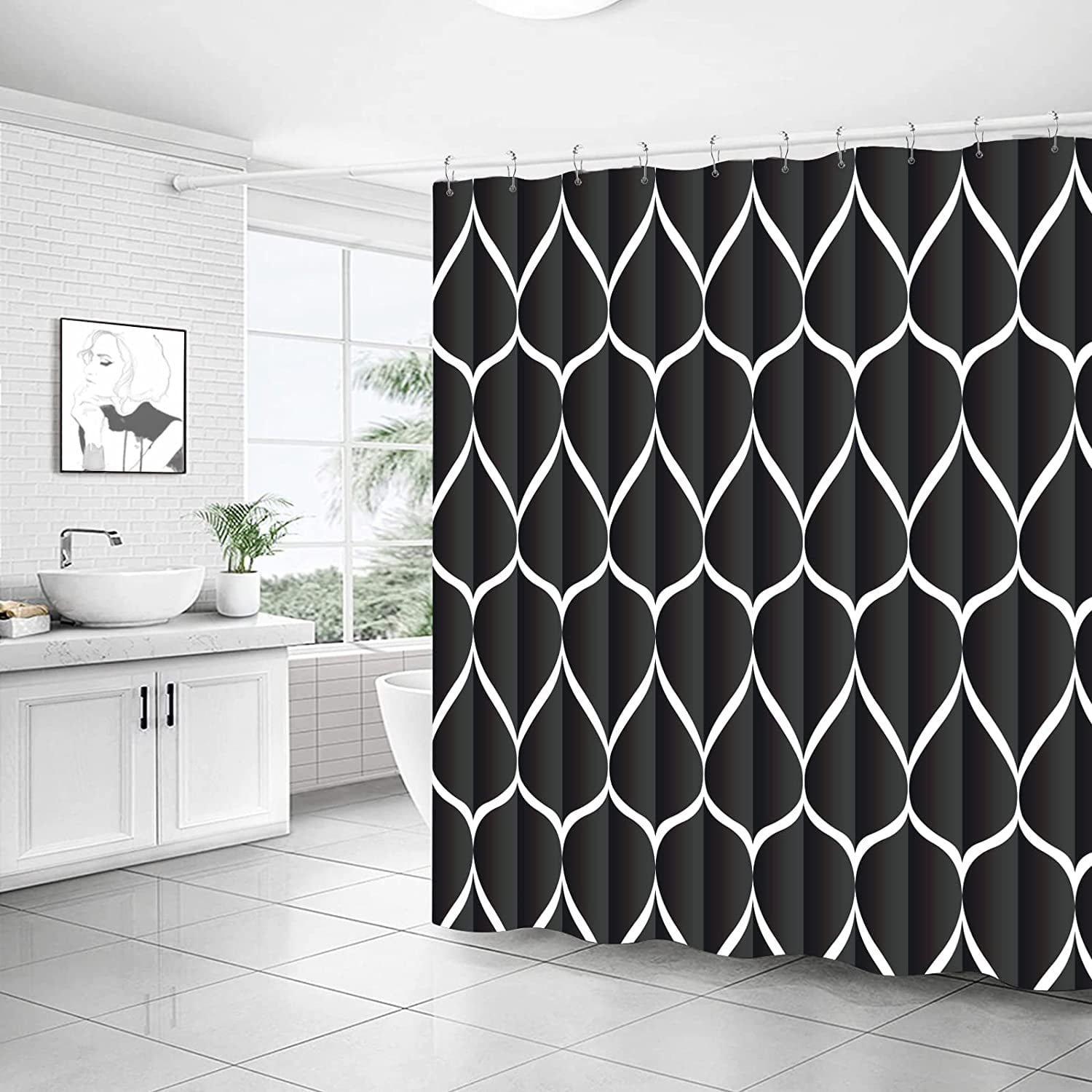 Black Fabric 72 x 72 Inch Cloth Shower Curtain, Waterproof Design and Polyester, Quick-Drying, Heavy Duty Shower Curtains Set for Bathroom, Durable and Washable with 12 Metal Hooks