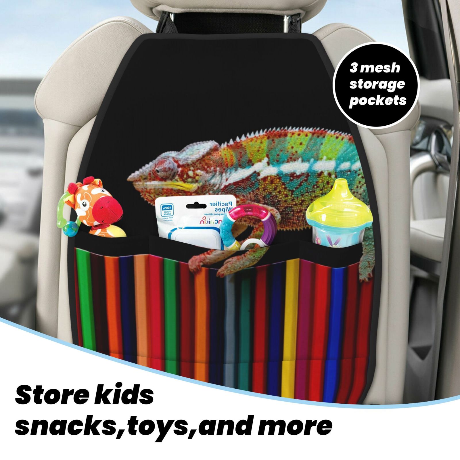 Xecao Chameleon Panther On Colored Pencils Pattern Car Seat Back Protector 2 Pack Large Capacity Pocket, Kick Mats Back Seat Protector