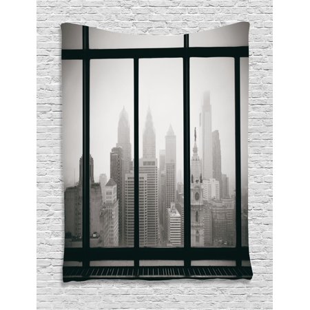 City Hangings - House Decor Wall Hanging Tapestry, Philadelphia City Rooftop View Through Window Skyline Landmark Rooftop Travel, Bedroom Living Room Dorm Accessories, By Ambesonne