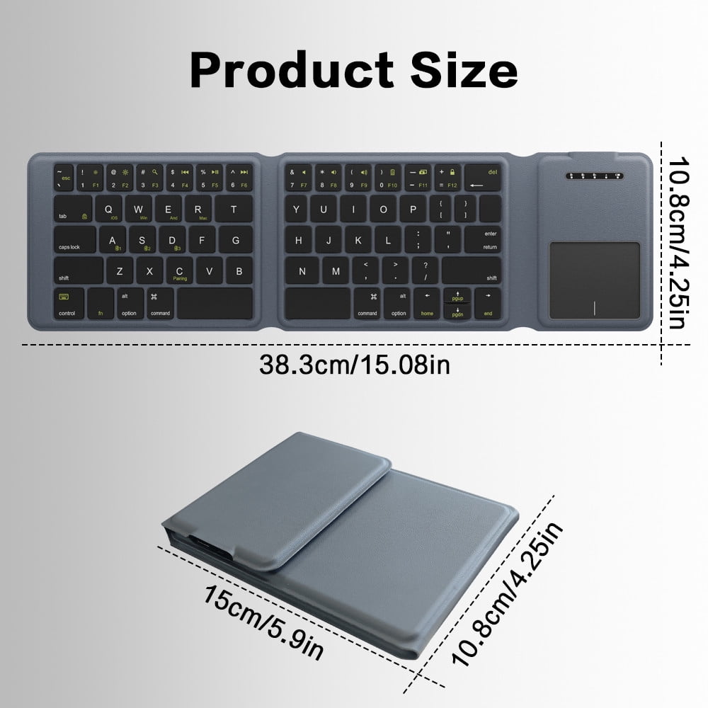 Folding Bluetooth Keyboard with Leather Case, Rechargeable Wireless Keyboard Built-in Touchpad & Left/Right Buttons