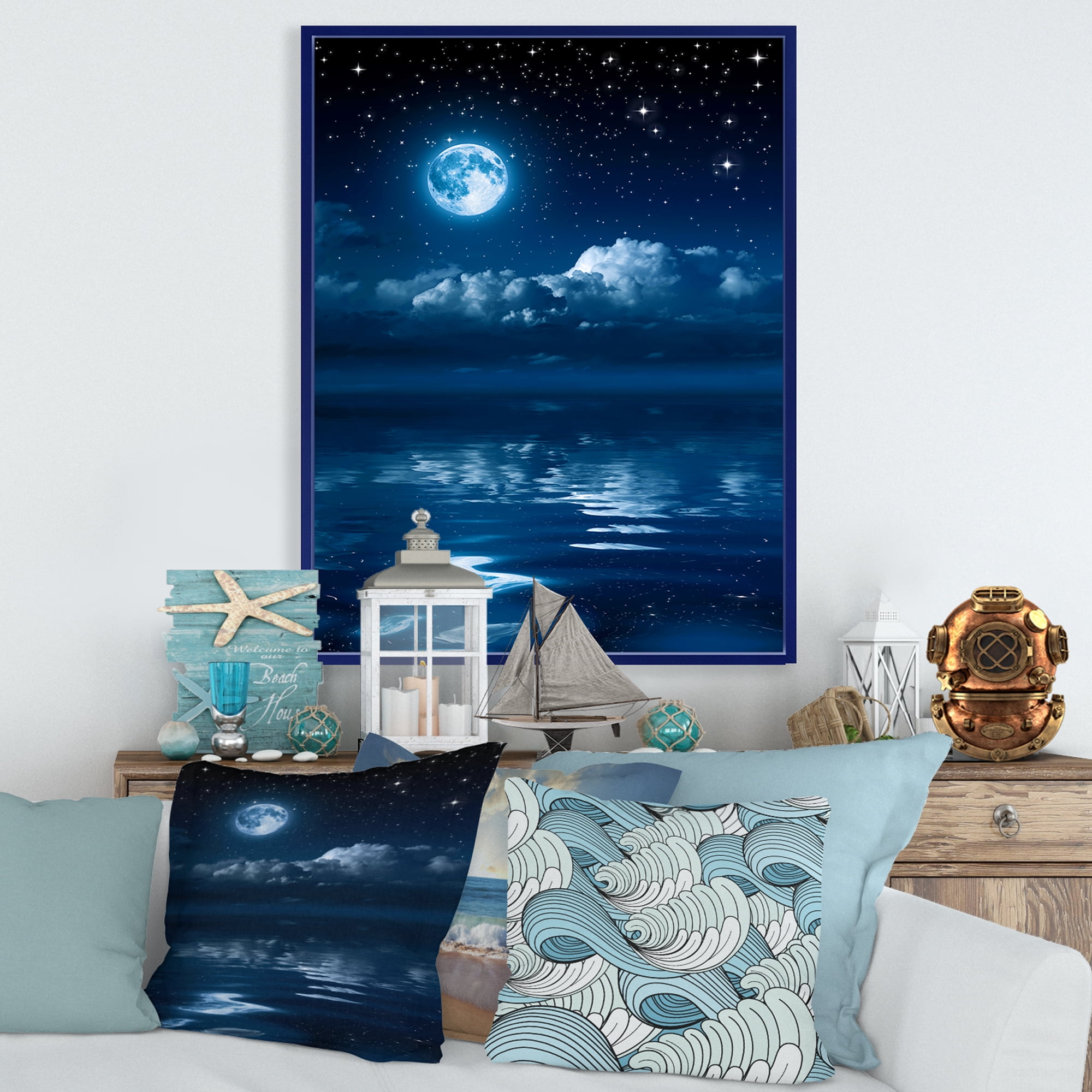 Designart 'Full Moon Night in Cloudy Sky I' Nautical & Coastal Framed Canvas Wall Art Print