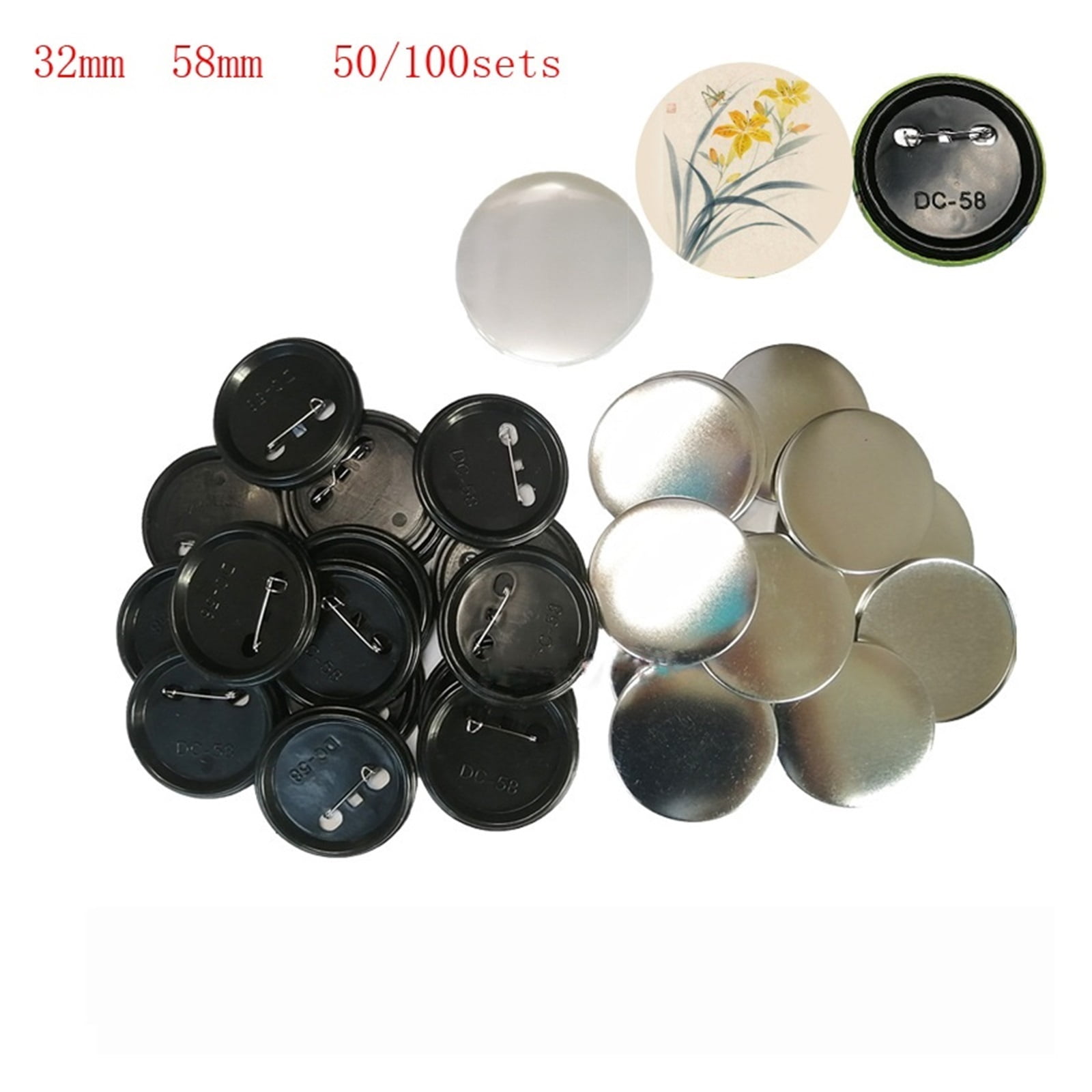 50/100 Buttons Badge Machine Black Plastic Bottom New Material Parts Metal Button Pin Blank Set Manufacturer DIY 32mm 58mm