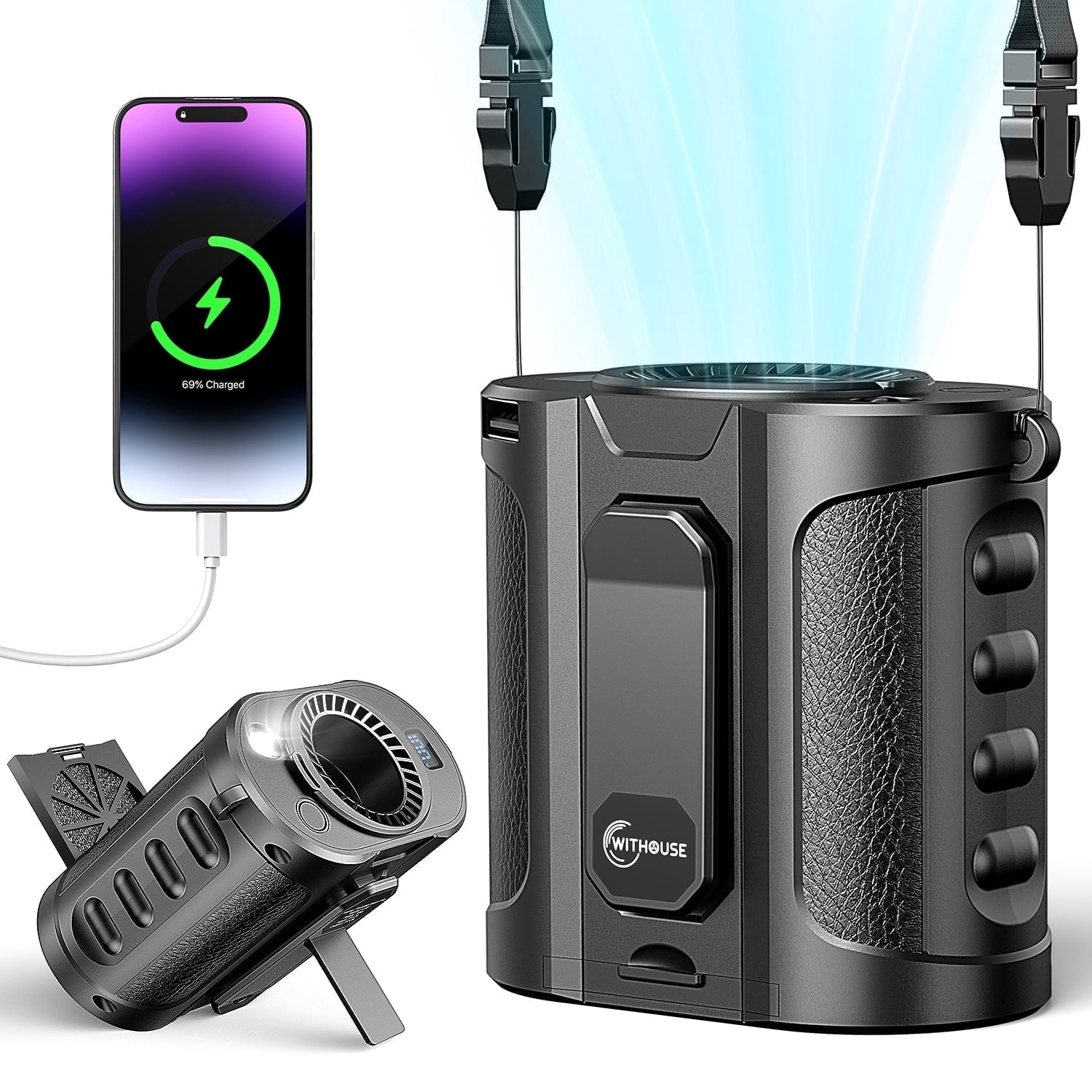 AI Portable Waist Fan, 40Hrs+MAX 17000RPM Powerful+5 Speeds+Power Bank+LED Light, Cooling Rechargeable Belt Fan with Filter, Wearable Shirt Fans Clip On for Outdoor