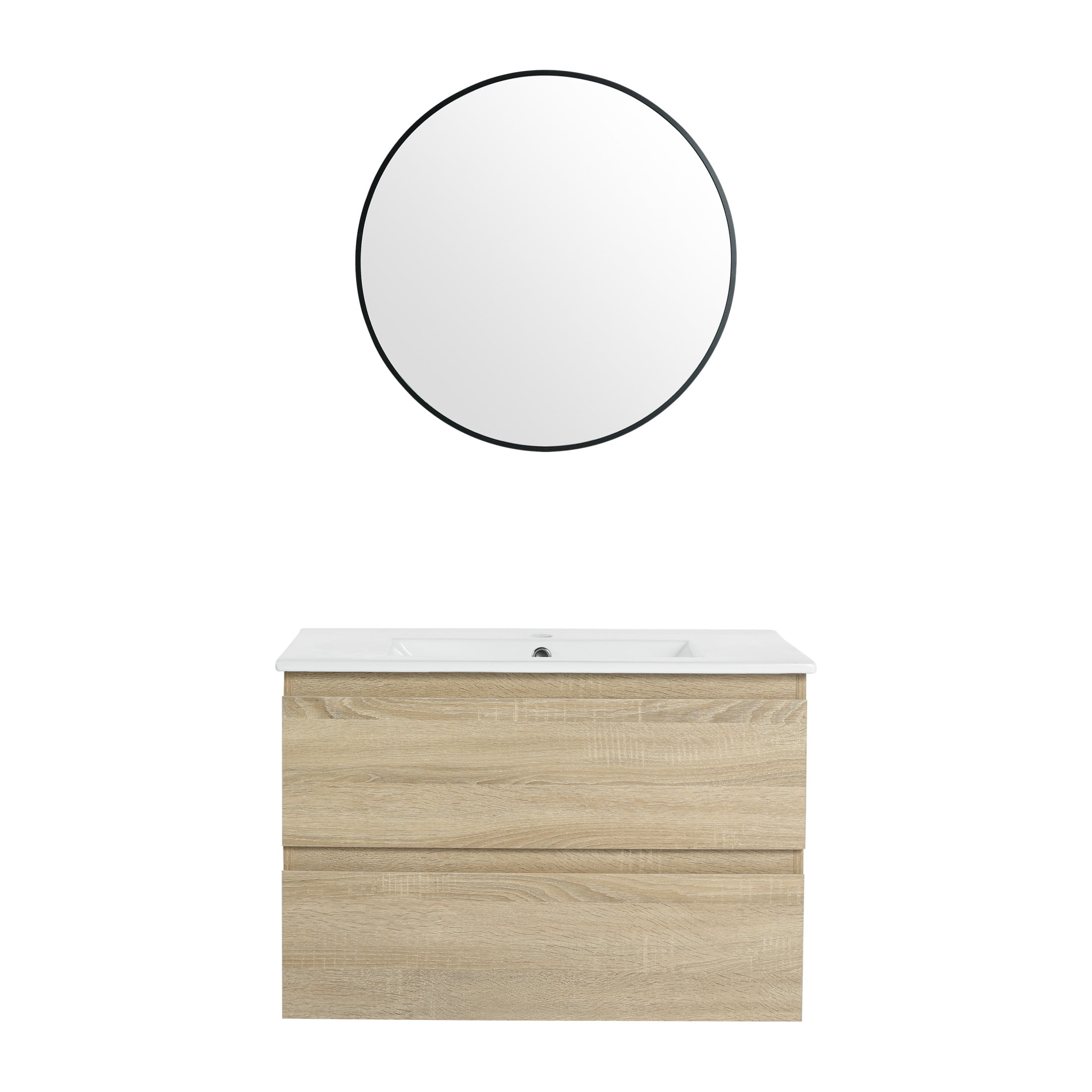 Noble House 30" Wall-Mounted Bathroom Vanity, Ceramic Sink, 2 Soft-Close Drawers, Wood Grain Finish, Light Oak