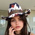 thumbnail image 4 of Retro Cow Print Fedora Hat with Leather Strap & Wide Brim for Camping Concerts Western Theme Costume Accessories, 4 of 8