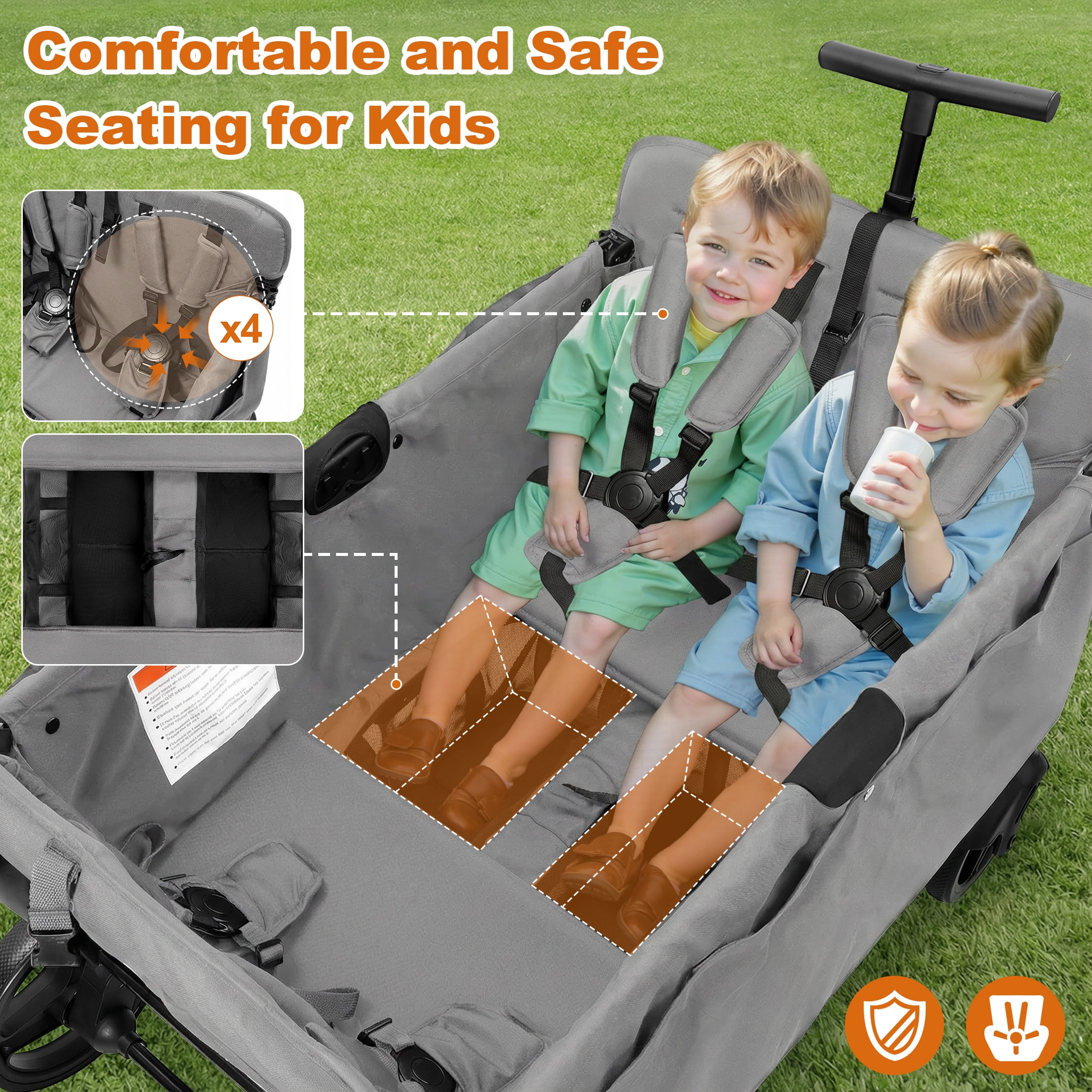 Vomeast Wagon Stroller for Kids,Spacious 4-Seater Stroller Wagon with Adjustable Canopy,Pull & Push Handle,5-Point Harness,Foldable for Toddlers, Gray