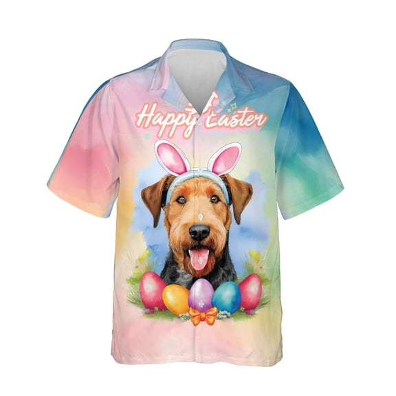 Happy Easter Airedale Terrier with Bunny Ear Headband and Flowers Hawaiian Shirt Breathable Summer Unisex Merch Dale Waterside Dog Lover - 13001