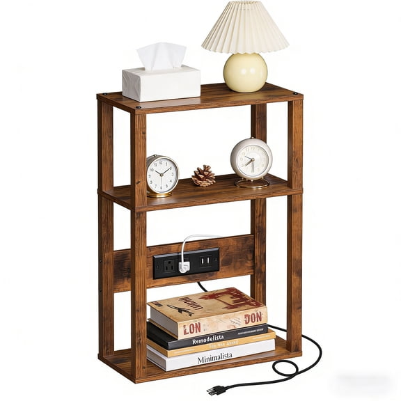 LELELINKY 3-Tier Narrow Side Table with Charging Station, Wood Nightstand with USB Ports for Small Spaces, Brown