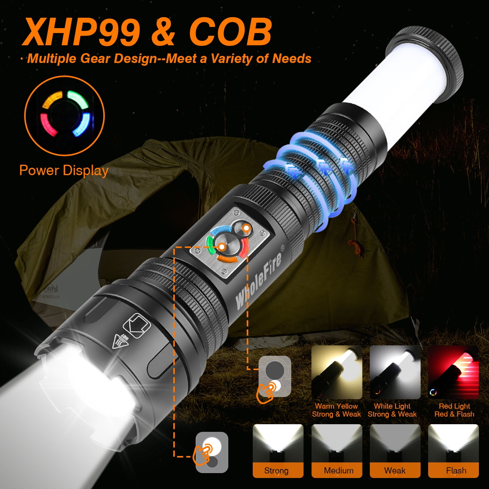 XHP99 LED Rechargeable Flashlights 10 Modeswith COB Light 2 in 1 COB Work Light Flashlights for Outdoor Camping