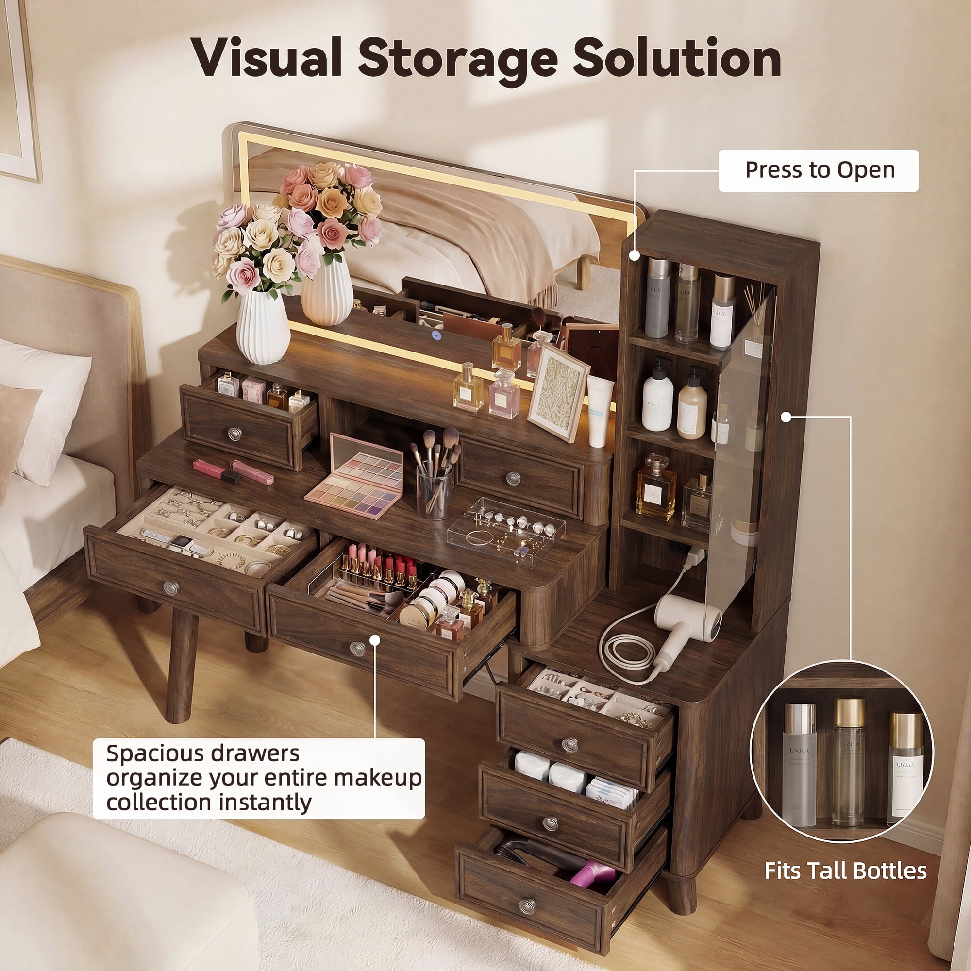 Homall 48'' Makeup Vanity Set with Large Mirror & LED Lights, Retro Vanity Desk with 7 Drawers & 3 Shelves, Vanity Table with Charging Station for Bedroom, Dark Walnut(2 packs)