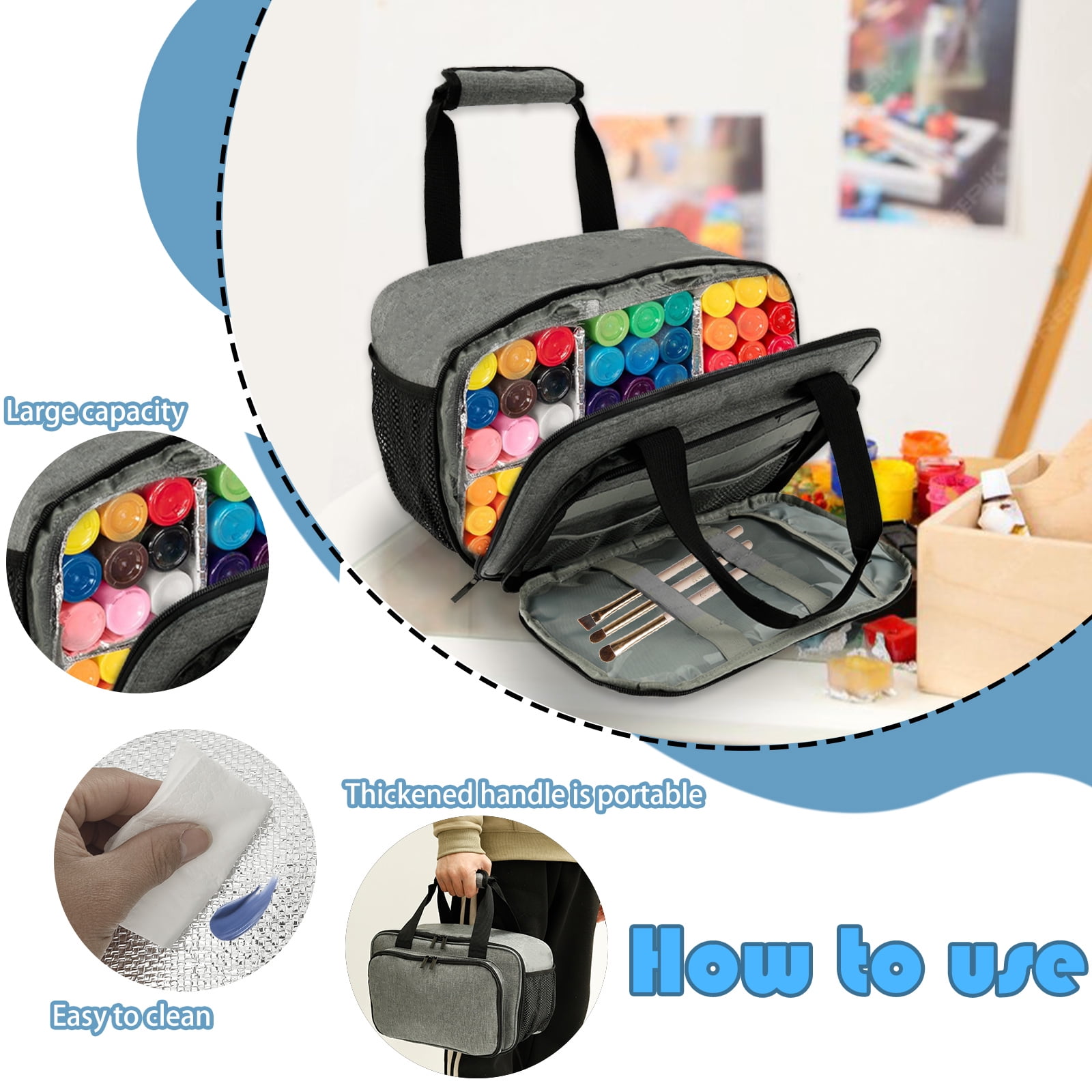 Acrylic Paint Organizer Bag Polyester Craft Paint Organizer with Aluminum Foil Liner Portable Art Supply Storage Case with Handle Strap for Paint Brushes Palette Board