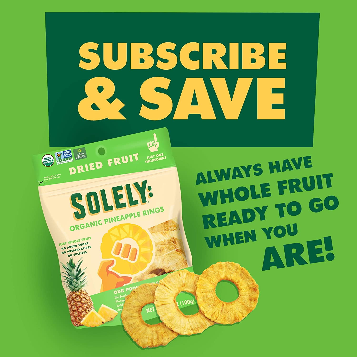 Solely Organic Vegan Dried Pineapple Rings, 3.5 oz [Pack of 6]