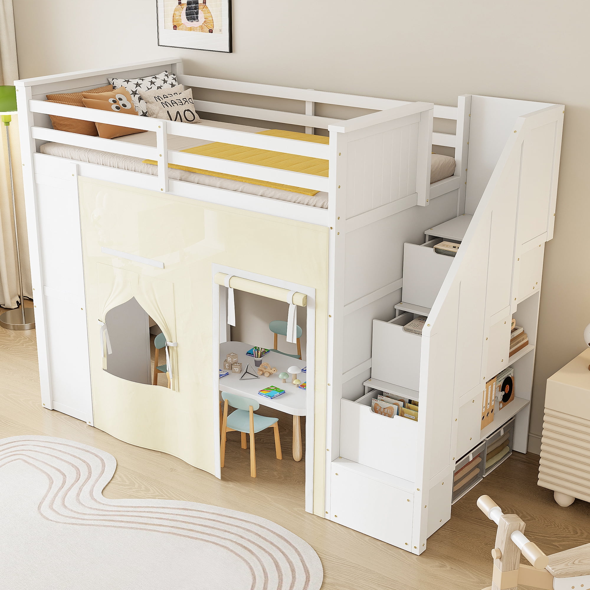 Euroco Wood Twin Size Loft Bed with Desk and Drawers, Storage Bed with Shelves and Curtain, White