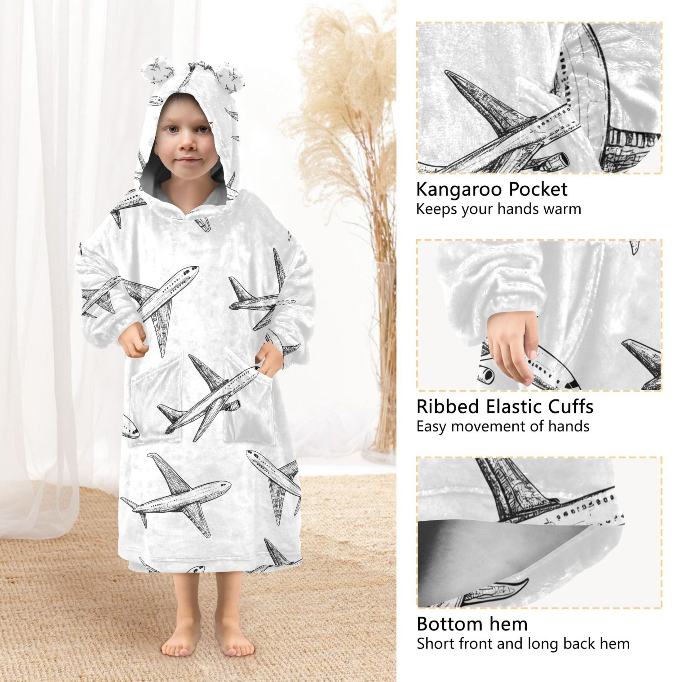 joogoo Blanket Hoodie for Airplane Retro Oversize Sweatshirt 3-14 YR L