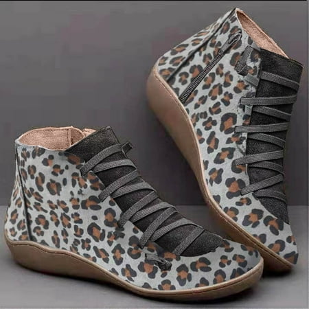 

MIASHUI Toe Lace-up Ankle Round Casual Leopard Zipper Print Side Fashion Women s Boots Flat women s boots Women Sneakers Shoes Wedges Women Shoes Casual