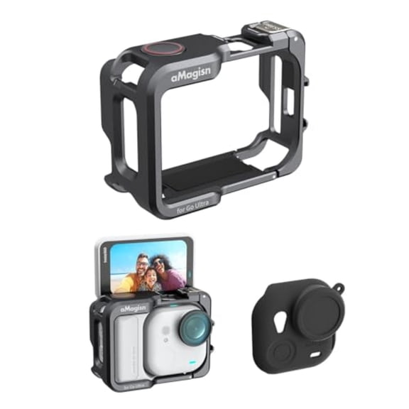 Metal Frame Cage Compatible with Insta360 GO Ultra, Aluminum Protective Camera Case with Silicone Cover, Lightweight Action Camera Housing with Vertical & Horizontal Mounting
