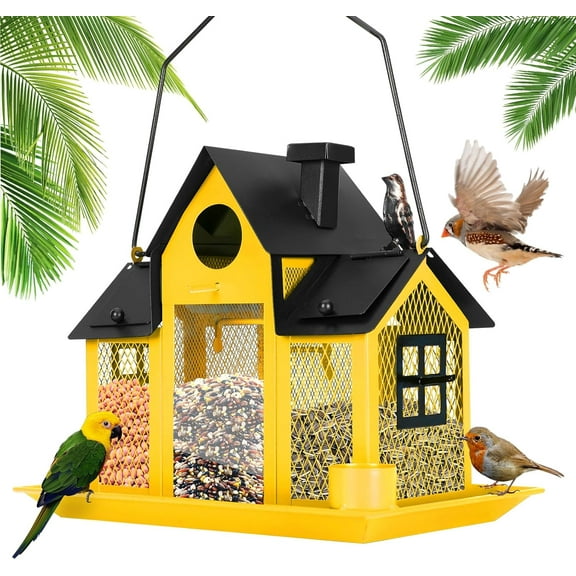 Solar Bird Feeders House for Outside Hanging, Metal Wild Bird Feeder for Outdoors Large Capacity Cardinal Birdfeeder Birdhouses Metal Bird Feeding Station Yellow