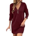 thumbnail image 2 of qolati Sweater Dresses for Women Fall Winter V Neck Half Zip Long Sleeve Mini Dress Ribbed Knit Fitted Party Tunic Shirt Dress Wine L, 2 of 7