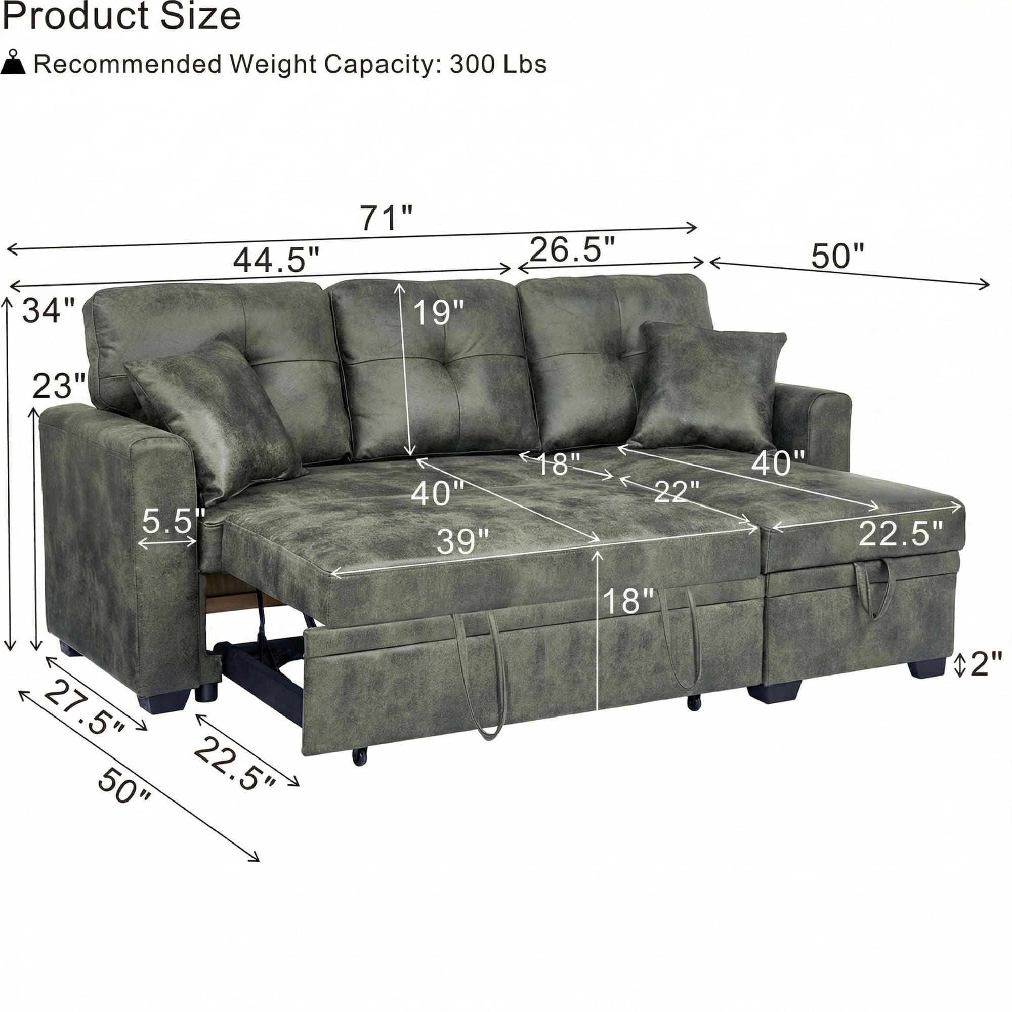 Leumius L Shaped Sectional Sofa with Pull Out Bed and Storage Chaise, 3 Seater Sectional Couch Convertible Sofa Bed for Small Space, Apartment & Guest Room, Olive Green